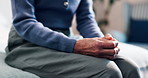Thinking, bedroom and hands of senior person with reflection, nervous and anxiety for dementia. Retirement, home and woman with worry, thoughtful and concern for Alzheimers, memory loss and health