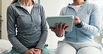 Physio, hands and old woman in clinic with tablet, medical research or explain injury rehabilitation. Senior person, healthcare worker and talk with tech, wellness advice and feedback for recovery.
