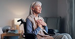 Senior, woman or wheelchair with picture frame in home for past memory, loss or mourning. Elderly, hug or female person with a disability, photograph or moment of silence for grief or love in house