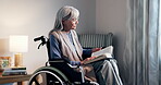 Reading, book and senior woman in wheelchair, retirement and chilling with literature and knowledge. Nursing home, rehabilitation and old person with disability, calm and relax with story on break