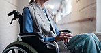 Thinking, lonely and senior woman in wheelchair with reflection, nostalgia and sadness. Retirement, nursing home and person with disability with worry, thoughtful and overthinking for memory loss