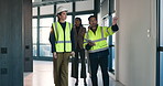 Civil engineering, inspection and team with tablet in meeting, walk or ideas for renovation project. Architect, inspector and people with tech, discussion and collaboration for property development