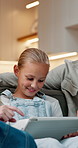 Happy, parents and child at house with tablet, social media and browsing website for movies. Smile, people and daughter in living room with digital, streaming film and comedy video for weekend break