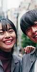 Happy, travel and face of couple in city for sightseeing, vacation or weekend trip together. Smile, love and portrait of Asian man with woman for bonding, connection or honeymoon in urban town.