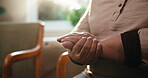 Arthritis, old woman or hands in clinic with massage, joint tension or discomfort in muscle pain. Retirement, tendinitis and senior person with ache, chronic condition and osteoporosis in hospital.