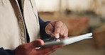 Tablet, man and hands of woodworker in workshop for research on furniture manufacturing with order. Digital technology, quality control and carpenter with online checklist for timber project.