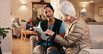 Nursing home, caregiver and old woman with walking stick, consultation and explain diagnosis on web. Nurse, talking and senior person with disability, healthcare and health update with technology