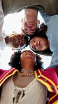 Below, students and friends in college with huddle, conversation and support for higher education. People, talk outdoor or diversity in university with solidarity, learning or collaboration for goals