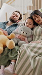 Family, sleeping and child with teddy bear on sofa for snooze, fatigue or rest together in home. Mom, dad or kid asleep with eyes closed, stuffed animal or blanket for comfort, nap or break in house
