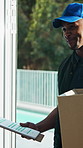 Logistics, clipboard or delivery man at home with signature, box handover or receipt in dispatch service. Happy, customer or courier with document, shipment details or confirmation in parcel drop off
