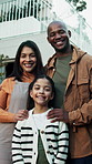 Support, smile or interracial family outdoor with face, security or bonding together on weekend break. Love, parents or kid at home with portrait, loving moment or connection in happy relationship.