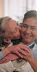 Face, kiss and laughing with lesbian couple in home together of affection, commitment or connection. Hug, lgbt relationship and morning with funny senior women on sofa in apartment for security
