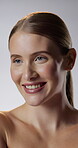 Beauty, laughing and thinking with happy woman in studio for cosmetics, dermatology or hydration. Aesthetic, funny and smile with person on white background for facial grooming, skincare or wellness
