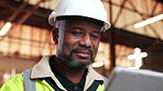 Carpentry, manufacturing and tablet with black man in factory for agenda, project or schedule update. App, industry and production with mature person in woodwork warehouse for furniture business