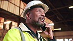 Carpentry, phone call and production with black man in workshop for communication or update. Conversation, industry and manufacturing with mature person in woodworking factory for furniture business