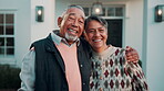 Senior, face or happy couple with hug for real estate, long term investment or property purchase. Smile, people and pride with embrace in front yard for new home, empty nest or comfortable retirement
