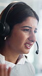 Frustrated, headset and woman consulting in call center for tech support, difficult client and CRM. Stress, agent and talking to inbound customer for network resolution, escalation demand and issue