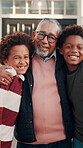 Face, children and grandfather with hug at house for weekend visit, bonding together and affection. Love, boy kids or old man in front yard for holiday reunion, connection or relationship development