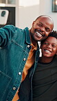 Happy, child or dad in selfie at new home for social media, property ownership or relocation memory. Black people, kids and photo in front yard for family investment, mortgage pride and moving update