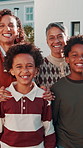 Face, grandmother and mom with kids in front yard for moving to house, property and new home. Portrait, generations and kid with mother, grandma and smile for bonding, love and security for mortgage