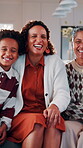 Family, face and laugh with children in lounge, connection and bonding with grandparent on weekend. Portrait, generations and happy with kids, love and hug with senior person or childcare in home