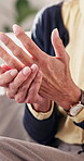 Hands, tension and old person with pain in fingers, arthritis complication or poor blood circulation. Retirement, elderly resident or sore in home with joint sprain, osteoporosis or chronic condition