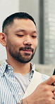Cellphone, walking and man in city with texting, chatting or email for feedback on creative  project. Happy, commuting and Asian person with phone for research on web development for update in town.