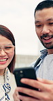 Phone, happy and couple in city with texting, chatting or funny meme on social media or mobile app. Laugh, technology and Asian man with woman on cellphone for comedy article on blog in urban town.