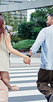 Holding hands, running and back of couple in city for exploring, bonding and sightseeing on holiday. Commuting, connection and Asian man with woman for adventure together in town for vacation.