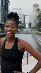 Fitness, face and black woman in city with laugh, positive attitude or workout hobby on weekend break. Happy, portrait or athlete in town with humor, confidence and good mood in exercise activity.