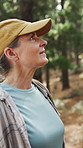 Hiking, thinking and woman with breathe, travel and fresh air with vacation reflection on trip. Mature person, outdoor and hiker with weekend break, nature and countryside for explore and holiday