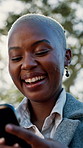 Corporate, black woman and laugh with phone outdoor for property listing, rental agreement or flare. Realtor, person and happy with mobile for seller negotiation, market opportunity or buyer referral