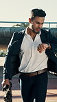 Businessman, city or running late with watch for outdoor travel, deadline or appointment. Man, employee or rushing to work with wristwatch or time for mistake, schedule delay or commute in urban town