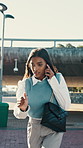 Woman, city or running late with phone call for business deadline, meeting or appointment. Female person, employee or rushing to work with smartphone or time for mistake or schedule delay in town