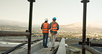 Engineering, speaking and teamwork with men on construction site for meeting or planning. Building, collaboration and conversation with back of architect people on worksite for project management