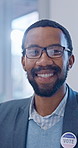 Face, black man and political badge for vote, election day and participation for equality awareness. Portrait, person or smile in office for voting rights, patriotic candidate and democratic campaign