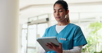 Hospital, nurse and woman on tablet for online report, schedule and research for medical service. Healthcare, clinic and person on digital tech for telehealth, website and wellness app for planning