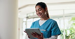 Hospital, happy and nurse on tablet for online report, schedule and research for medical service. Healthcare, clinic and person on digital tech for telehealth, website and wellness app for planning