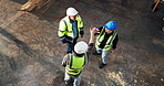 Above, carpentry and high five with people in warehouse for celebration, success and meeting. Agreement, deal and teamwork with men in woodworking workshop for manufacturing partnership or contract
