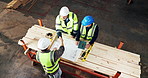 Above, carpentry and handshake with men in warehouse with blueprint, discussion or meeting. Agreement, deal and teamwork with people shaking hands in woodworking plant for manufacturing partnership