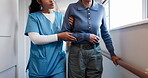 Hands, caregiver and help old woman with rehabilitation for mobility, injury healing or service. Nursing home, senior person or carer with moving aid for geriatric care, stroke recovery or assistance