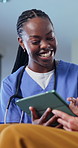 Tablet, happy and caregiver with senior person for assistance, help and medical results. Retirement, nurse and elderly patient on tech for consulting, checkup and talking for health app in home