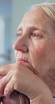 Old woman, thinking and sad with walking stick, regret and disappointed with memory loss or dementia. Nursing home, reflection and senior person with disability, Alzheimer and contemplating with cane