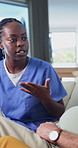 Discussion, checkup and nurse with patient in home for medical advice, treatment or help. Happy, conversation and healthcare worker with person for consultation with explaining symptoms in house.