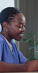 Nurse, tablet and talking with black woman in home for medical advice, consulting or insurance update. App, conversation and healthcare with African caregiver in apartment for appointment or checkup