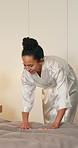 Tidy, bed and woman in morning with duvet for cleaning, maintenance and housekeeping in home. Bedroom, house and person with sheet, blanket and bedding for neat, organize and start day with chores