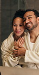 Skincare, smile and couple with mirror in bathroom of home for morning routine, support and hug. Love, reflection and hygiene with man and woman in house for cosmetics, wellness and self care