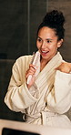 Singing, bathroom and woman with brush in mirror for wellness, grooming or fun for morning routine. Dance, reflection and happy person in home for karaoke, song or energy for self care and health