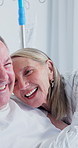 Old couple, laugh and support in hospital room, talk or compassion for elderly partner with illness. Healthcare, recovery and senior people with humor, happiness and funny discussion in clinic