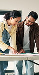 Couple, talking and document at house for renovation, blueprint and interior design for makeover. People, discussion and paperwork with floor plan for upgrade, remodeling layout and home improvement 